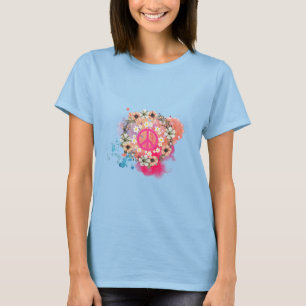 Blauw vredesteken T-shirt - Dames hippie T-shirt