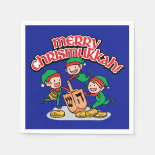 Blauw Vrolijk Chrismukkah met Elfen en Dreidels Servet