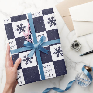 Blauw vrolijk gelukkig blij sneeuwvlokken cadeaupapier