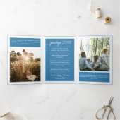 Blauw Vrolijk Kerstfeest 5-foto Familieletter Drieluik Wenskaart (Binnen)