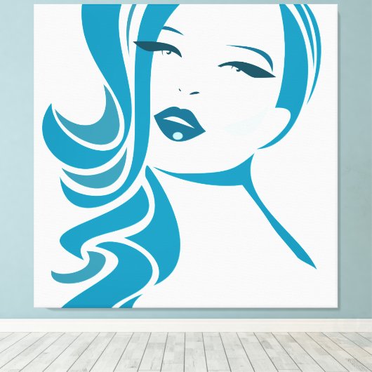 Blauw vrouwelijk gezicht canvas afdruk (Insitu (Houten vloer))