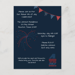 Blauw Vuurwerk 4 juli Uitnodiging voor een feestje Briefkaart