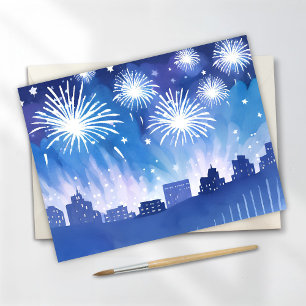 Blauw vuurwerkdisplay   Vuurwerk waterverf Briefkaart