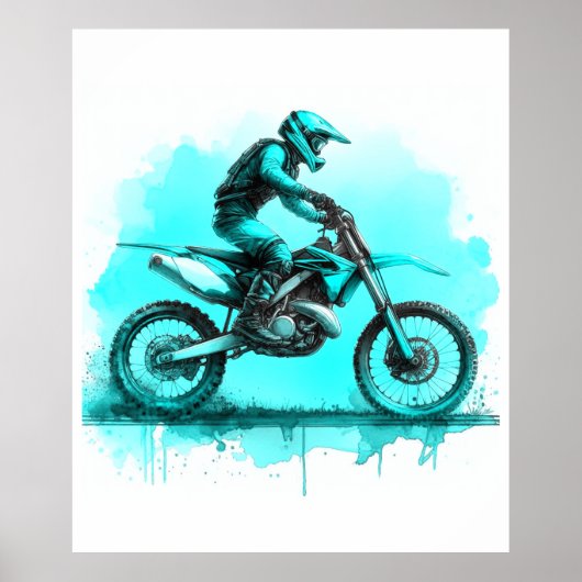 Blauw Water Kleur Dirt Bike Poster (Voorkant)