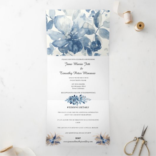 BLAUW WATER KLEUR TRIFOLD BRUILOFT UITNODIGING (Binnen)