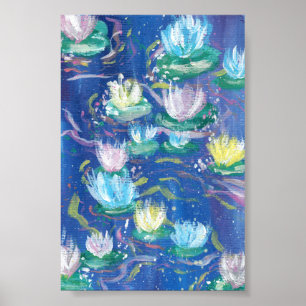 Blauw Water Lelies Print, Waarde Poster Papier