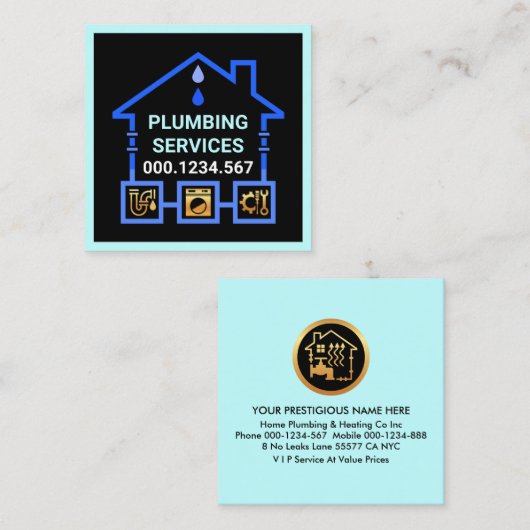 Blauw water pijp lekt naar huis vierkante visitekaartje (Voorkant / Achterkant)