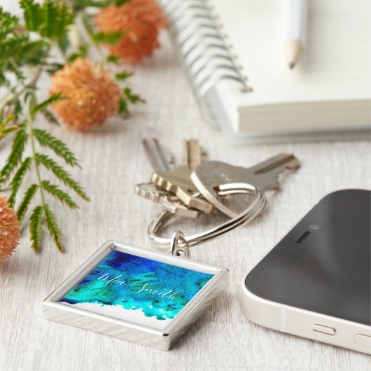 Blauw waterverf abstract oceaanontwerp sleutelhanger (Zijkant)