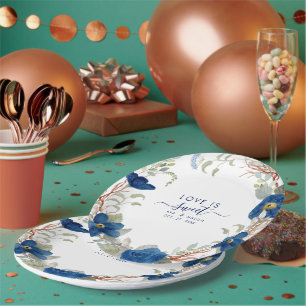 Blauw waterverf bloemige vintage bruiloft papieren bordje