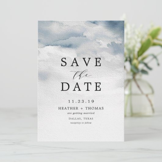 Blauw waterverf elegant save the dates met een mys kaart (Staand voorkant)