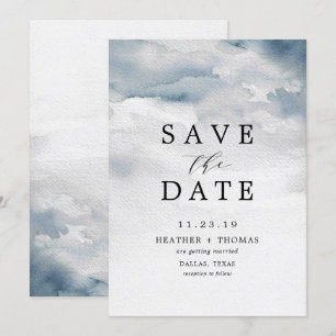 Blauw waterverf elegant save the dates met een mys kaart