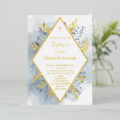 blauw waterverf gebladerte Doop Folie Uitnodiging (Staand Voorkant)