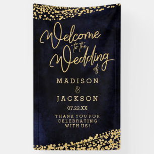 Blauw Waterverf Goud Confetti Bruiloft Welkom Spandoek