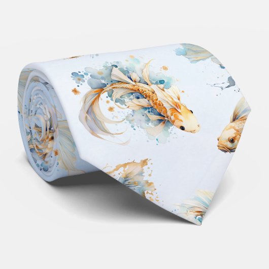 Blauw Waterverf Goud Wit Koi Vis Stropdas (Opgerold)