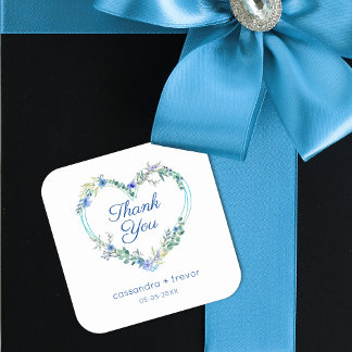 Blauw Waterverf Hart met Bloemen en Bladeren Vierkante Sticker