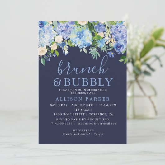 Blauw waterverf hydrangea brunch & bubbels kaart (Staand voorkant)