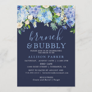 Blauw waterverf hydrangea brunch & bubbels kaart