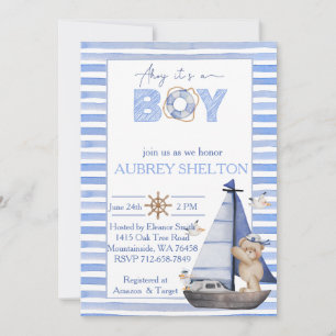 Blauw waterverf nautisch beer zeilboot baby shower kaart