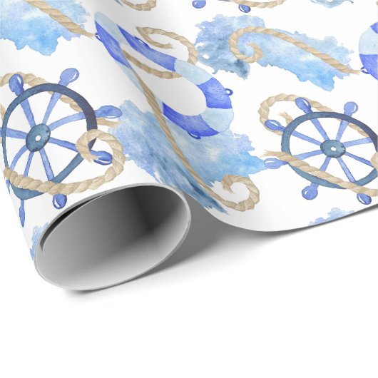Blauw waterverf nautisch ontwerp met anker, schelp cadeaupapier (Rol Hoek)