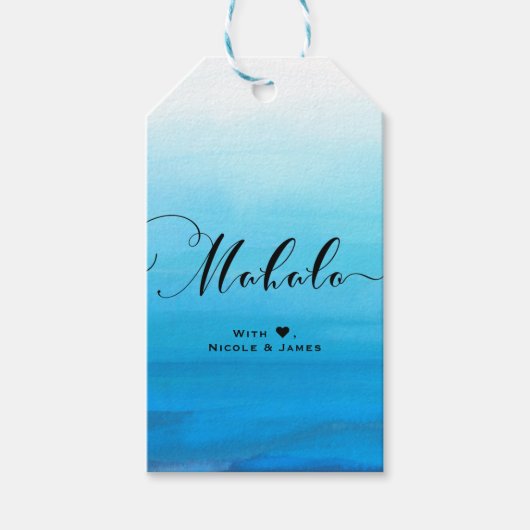 Blauw Waterverf Strand Tropische Chic MAHALO ALOHA Cadeaulabel (Voorkant)