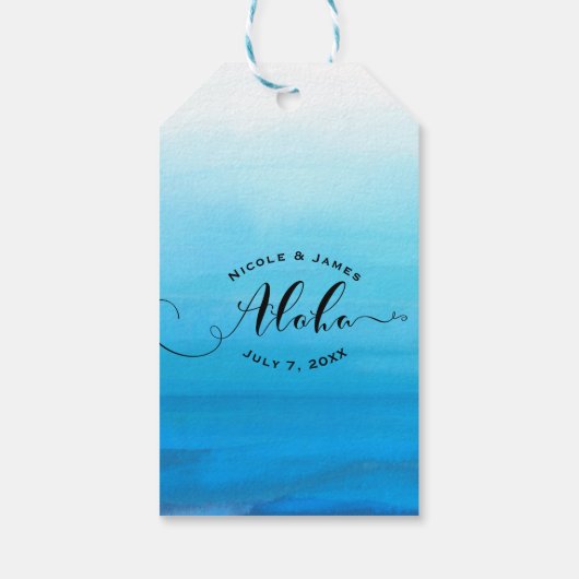 Blauw Waterverf Strand Tropische Chic MAHALO ALOHA Cadeaulabel (Achterkant)