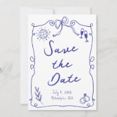 Blauw Whimsical Fun Quirky Hand getrokken bruiloft Save The Date (Voorkant)