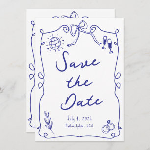 Blauw Whimsical Fun Quirky Hand getrokken bruiloft Save The Date