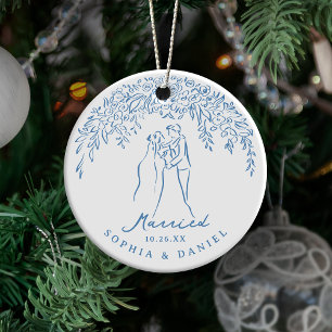 Blauw Whimsical Koppel Ons Eerste Kerstmis Getrouw Keramisch Ornament