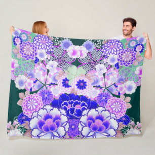 BLAUW WHITE FLOWERS Peony, Rozen Japanse Floral Fleece Deken
