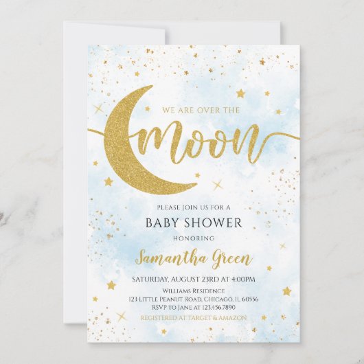 Blauw Wij zijn Over de Maan Baby Shower Kaart (Voorkant)