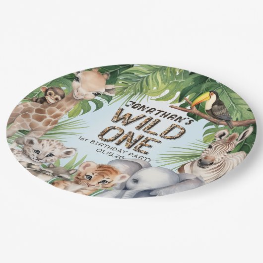 Blauw wild één oerwoud 1e verjaardag papieren bordje (Gekanteld)