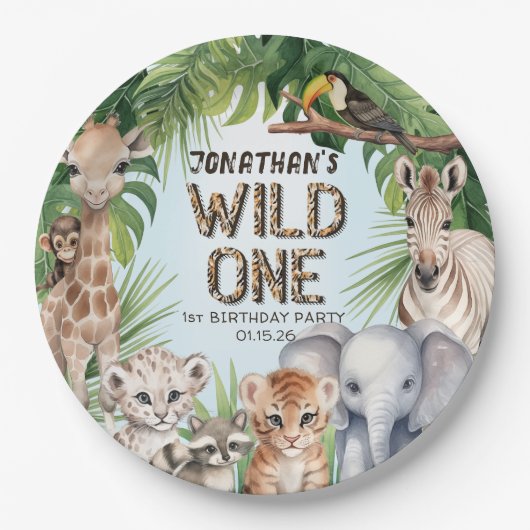 Blauw wild één oerwoud 1e verjaardag papieren bordje (Voorkant)
