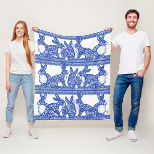 Blauw wild konijn Floral Chinoiserie Bunny Design Fleece Deken