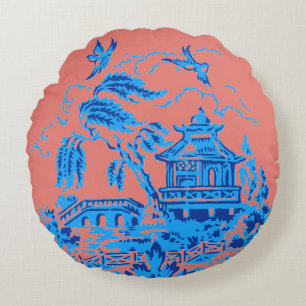 Blauw Wilg Blauw en Zalmroze Pillow Rond Kussen