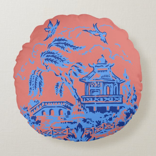 Blauw Wilg Blauw en Zalmroze Pillow Rond Kussen (Voorkant)