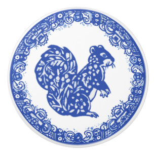Blauw Wilg Design Squirrel Whimsical Facets Right Keramische Knop