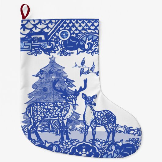 Blauw Willow Deer Dird Xmas - Eigen bos Grote Kerstsok (Voorkant)
