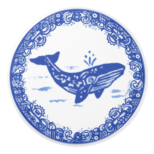 Blauw Willow Design Whale Whimsical Facts right Keramische Knop (Voorkant)