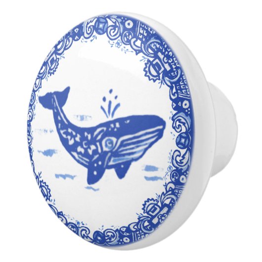 Blauw Willow Design Whale Whimsical Facts right Keramische Knop (Rechts)