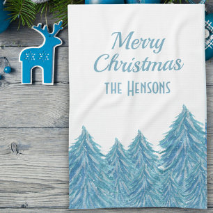 Blauw Winter Bosboom Waterverf Kerstmis Kitc Theedoek