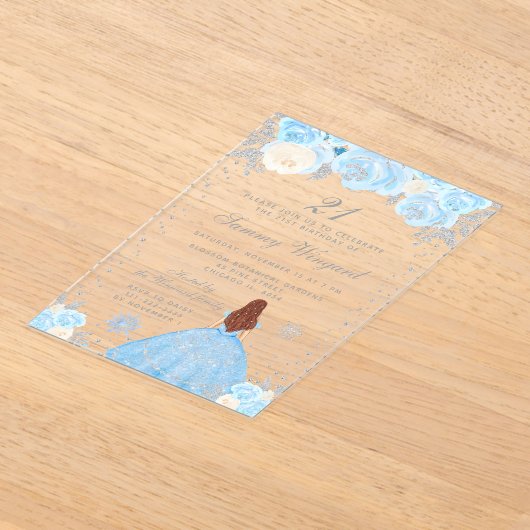 Blauw Winter Bruin Haar Prinses Verjaardagsfeest Acryl Uitnodigingen (Laagn)