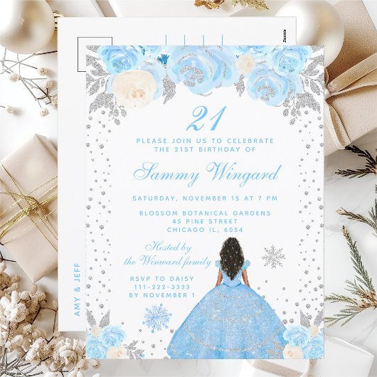 Blauw Winter Donkere Huid Prinses Verjaardagsfeest Briefkaart