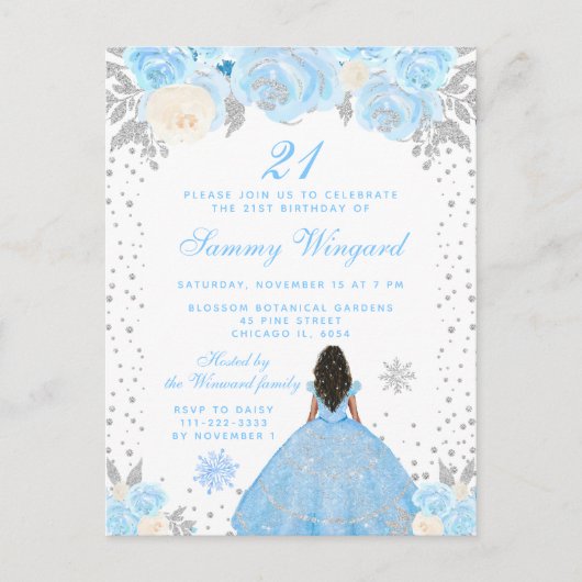 Blauw Winter Donkere Huid Prinses Verjaardagsfeest Briefkaart (Voorkant)
