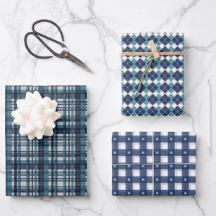 Blauw winter geruit assortiment inpakpapier vel