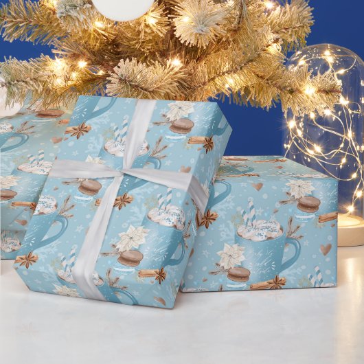 Blauw winter hete chocolade en macaron patroon cadeaupapier (Feestdagen)