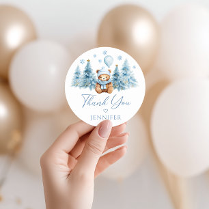 Blauw Winter Teddybeer Baby Jongen Shower Bedankt Ronde Sticker