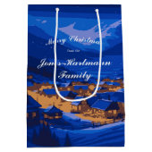 Blauw Winterdorp Kerstmis Custom Medium Cadeauzakje (Achterkant)
