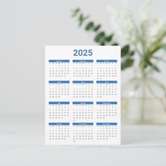 Blauw & Wit 2025 Jaar in een oogopslag Kalender Briefkaart (Staand voorkant)