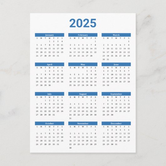 Blauw & Wit 2025 Jaar in een oogopslag Kalender Briefkaart (Voorkant)