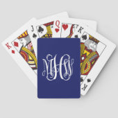 Blauw wit 3 Initiaal Wijnscript monogram DIY BG Pokerkaarten (Achterkant)
